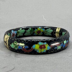 Chinese Black Cloisonné Bracelet w Flowers